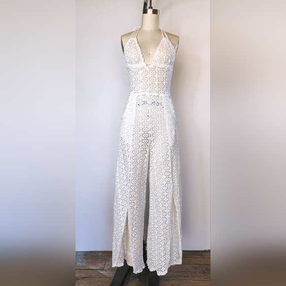 Free People Lace Ivory Jumpsuit Halter See Through Pockets Wide Legs w/ Slits S - Picture 7 of 15